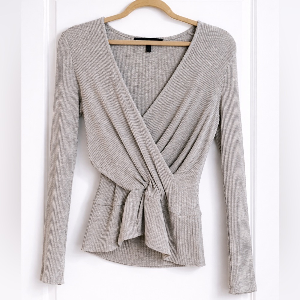 White House Black Market Beige Ribbed Wrap Tie Front Sweater Top